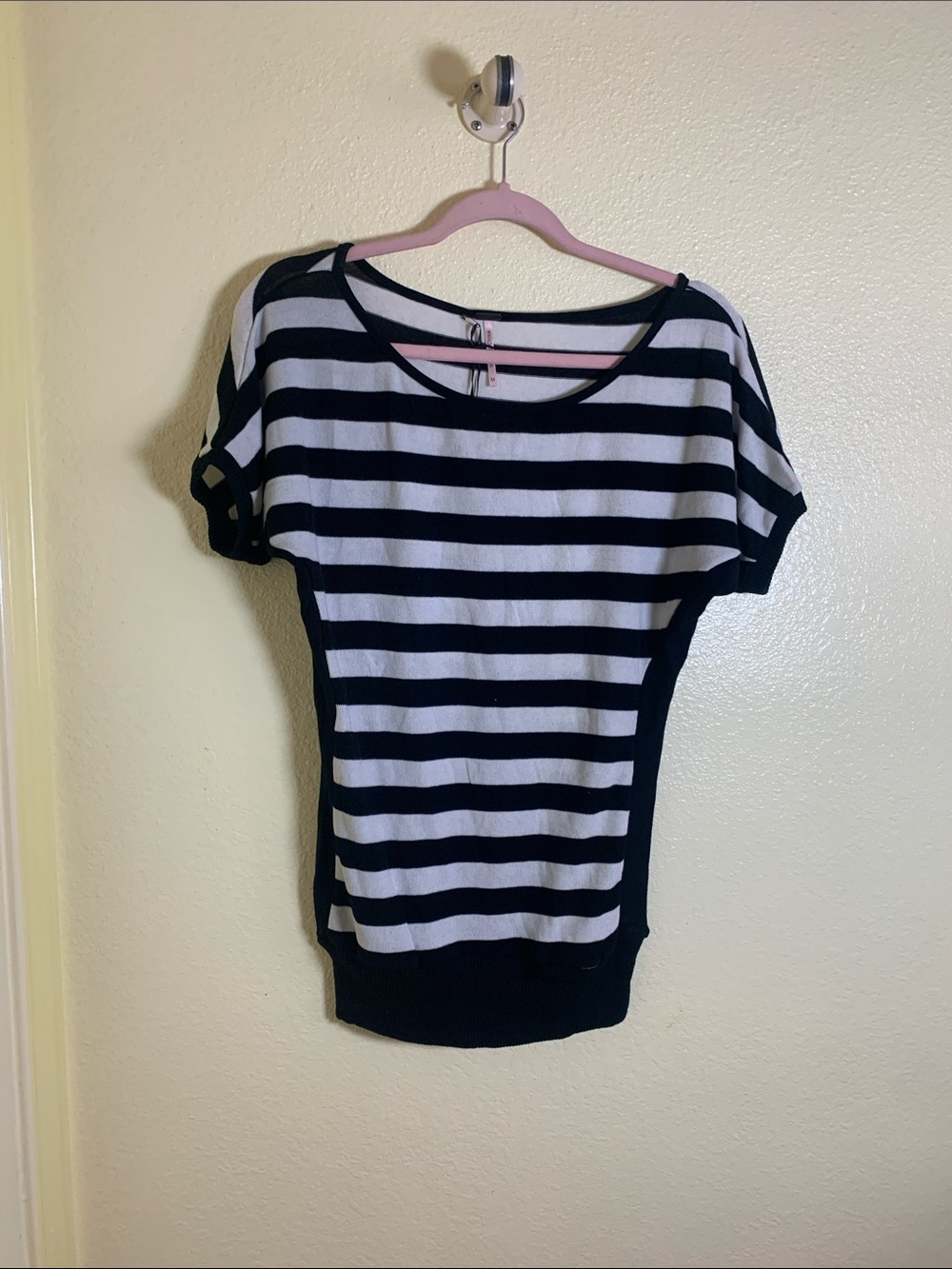 NWOT Poof Apparel Black & White Striped Short Sleeve Women's Top, Size M